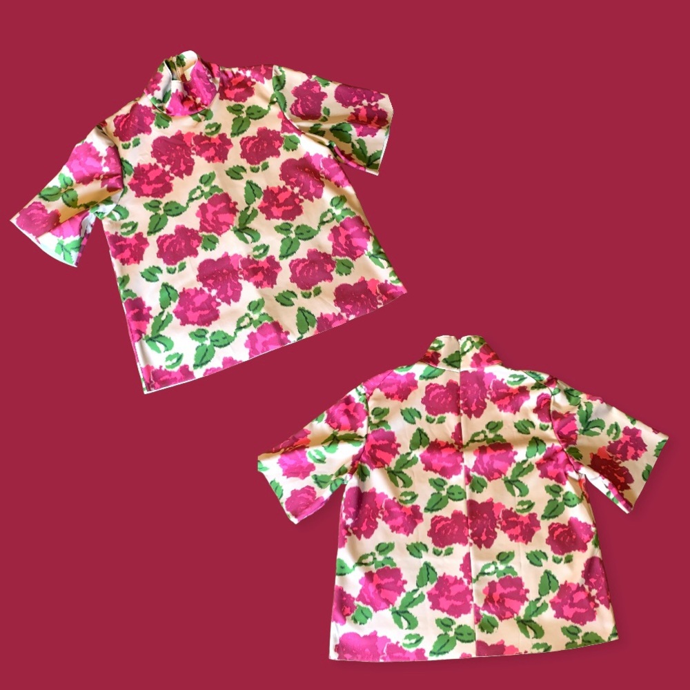 Zara Creamy Pink Floral / Green Leaf Abstract Zip Back Stretchy Medium Blouse